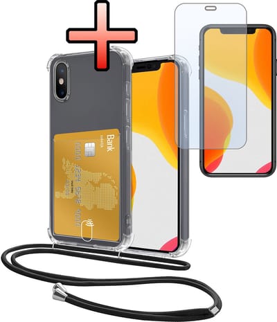 Hoes Geschikt voor Apple iPhone Xs Max Hoesje Pasjeshouder Cover Met Koord Shock Proof Case Siliconen Hoes Met Telefoonkoord en Kaarthouder Met Screenprotector - Transparant