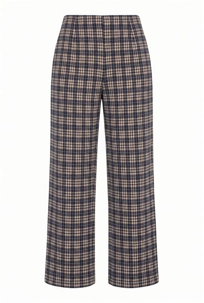 MIAMODA - Dames - Marlene broek met ruiten wijde pijpen jersey - Donkerblauw - Maat 44