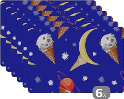 Placemat - Placemats kunststof - Planeten - IJshoorntjes - Patronen - 45x30 cm - 6 stuks - Hittebestendig - Anti-Slip - Onderlegger - Afneembaar