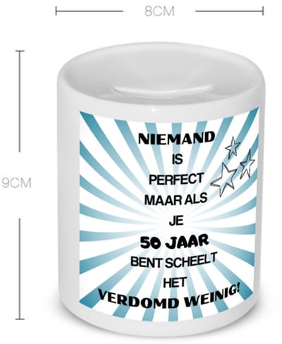 Akyol - 50 jaar sarah en abraham cadeau - Spaarpot - Hoera 50 jaar - met opdruk - hoera 50 jaar - jubileum man en vrouw - jarig - grappige tekst - 350 ML inhoud
