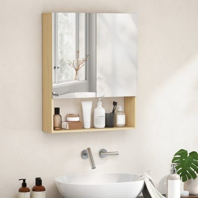 MODFU Badkamerkast met spiegeldeuren – Wandmontage met soft-close – Verstelbare plank – Scandinavisch design – Ruimtebesparend voor kleine badkamer – Hout en glas – Eikenkleur – 60x16,6x75 cm