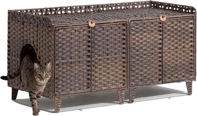 Rotan Kattenbakkast voor 2 Katten - Handgeweven Kattenbak Ombouw - Multifunctioneel Kattenmeubel & Bijzettafel - Inclusief Wasbare Kattenbakmat & 2 S-Haken - Geurregulerend