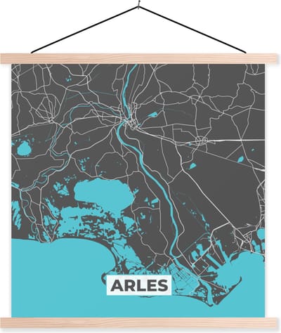 Posterhanger incl. Poster 40x40 cm - Schoolplaat - Arles - Frankrijk - Plattegrond - Stadskaart - Kaart - Textielposter - Blanke latten - Stadskaart
