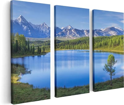 Artaza Canvas Schilderij Drieluik Meer Bij De Bergen In Het Bos - 120x80 - Foto Op Canvas - Canvas Print