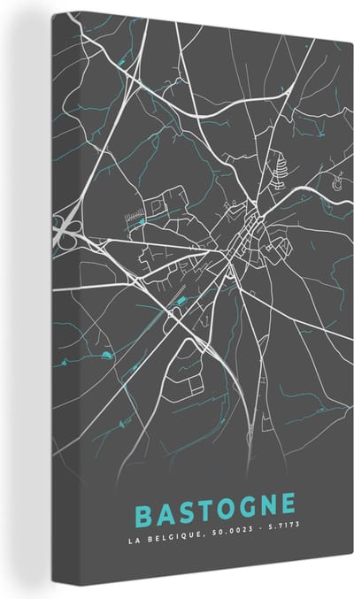 Canvas Schilderij Kaart – Plattegrond – Stadskaart – Bastogne – België - Grijs - 20x30 cm - Wanddecoratie