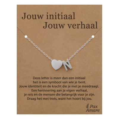 Letter N ketting op Cadeau Kaartje - Jouw initiaal, jouw verhaal - 45cm Zilverkleurig Stainless Steel - Initiaal & Hartje Hanger - Pax Amare