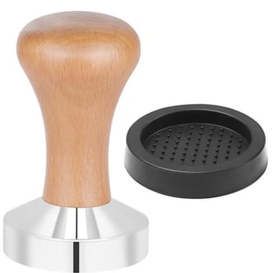 Koffietamper 51 mm - Espresso Tamper met Houten Handvat en Siliconen Mat, RVS, Barista Koffiestempel
