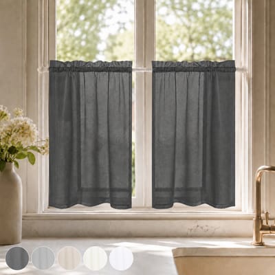 Qelus Waterafstotende Vitrage - Korte Gordijnen - 84x61cm - Raamvalletje - waterafstotend - linnenlook - lichtdoorlatend - dubbele tunnelzoom - voor keuken - badkamer - Donkergrijs - 1 Stuk