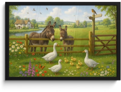 Poster in lijst - Fotolijst 60x40 cm - Posters - Ezels - Ganzen - Kleurrijk - Posterlijst zwart - Decoratie - Wanddecoratie woonkamer - Muurdecoratie slaapkamer