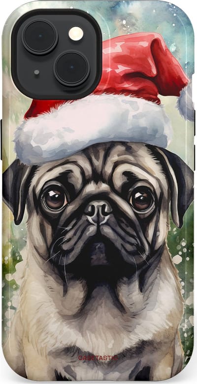 Casetastic hoesje geschikt voor Apple iPhone 15 - MagSafe - Dubbellaagse bescherming - Aquarel Kerstmis Pug Hond - Fashion Case - Grijs Taupe Donkergrijs Saliegroen