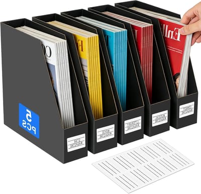 Documentenmap A4, Set van 5 Stuks, Tijdschriftverzamelaar, Bureau-organizer van 5-laags zwart kraftpapier met achterplaat en labels voor het opbergen van tijdschriften, documenten en kantoororganisatie
