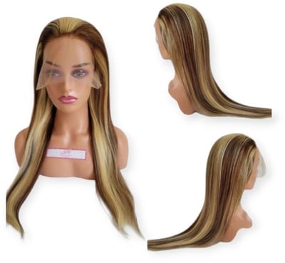 Frazimashop 13x4 Lace Front Pruik – 100% Human Hair – Steil – Braziliaans Remy Haar – 28 Inch – Bruin/Blonde – Luxe Dames Pruik