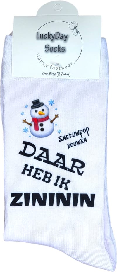 Zininin - Sneeuwpop Sokken - Sneeuw - Winter - Sneeuwpop maken - vrolijke sokken - Valentijns cadeau - Witte sokken met tekst - grappige sokken - leuke dames en heren sokken - moederdag - vaderdag