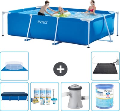 Intex Rechthoekig Frame Zwembad - 300 x 200 x 75 cm - Blauw - Inclusief Afdekzeil - Onderhoudspakket - Zwembadfilterpomp - Filter - Grondzeil - Solar Mat - 7-delig