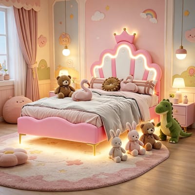 Kinderbed 90x200 cm,eenpersoonsbed， met LED-verlichting, prinsessenbed, kroonbed, meisjesbed/kinderbed, plat bed, PU, ​​roze，zonder matras