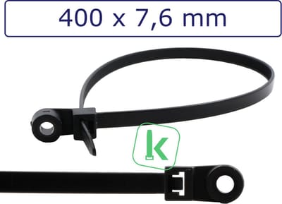 PRO-TIE® - Tyraps, kabelbinders met Bevestigingsoog, schroefoog 400 x 7,6 mm Zwart UV bestendig (Zak 100 stuks) (tiewrap/tyrap/tie-wrap/bundelbandje/colsonbandje/)