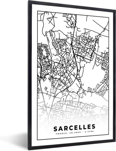 Fotolijst incl. Poster Zwart Wit- Kaart - Sarcelles - Frankrijk - Stadskaart - Plattegrond - Zwart wit - 40x60 cm - Posterlijst