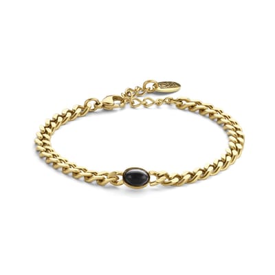 CO88 Collection 8CB-90762 Stalen Armband - Gourmette Schakel - Zwart Steentje - 16,5 + 3 cm - Goudkleurig