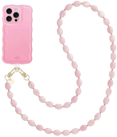 xoxo Wildhearts Glossy Wavy Case Bubble Blush - Ocean Blush (lang koord) - geschikt voor iPhone 16 Pro Max - hoesje met telefoonkoord - afneembaar koord - Kralenketting - lang telefoonkoord - hoesje met golven - Roze