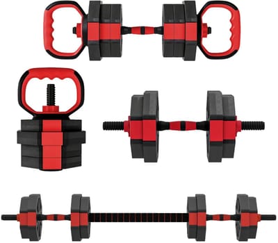 4-in-1 Halterset 15 kg - Verstelbare Dumbbells, Halter & Kettlebell Push-up Handgrepen - Gewichten Set met 8 Schijven: 4 x 2 kg, 4 x 1,5 kg - Thuis Fitness - Thuisgym - Zwart/Rood