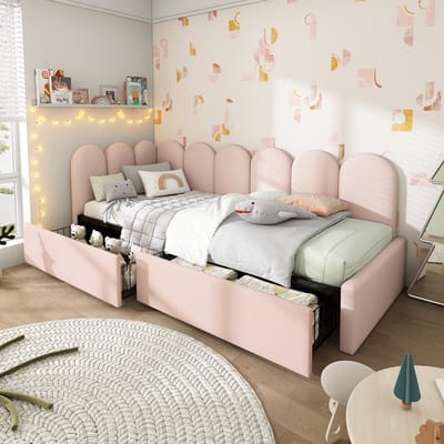 VVBV Slaapbank 90x190 cm - 2 Lades, Opbergruimte, Lattenbodem, L-Vormig Hoofdbord - Fluweel Roze Zonder Matras