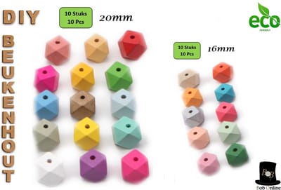 Bob Online ™ - Mixed Setje - 10 Stuks - 16mm + 10 Stuks – 20mm Gekleurde Geometrische Beukenhout Kralen – Achthoekige Kleurrijke Houten Kralen -  Geschilderde Houten Kralen – Painted Geometric Beech Wood Beads – Sieraden Kralen – Hobby Houten Kralen