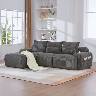 REDOM - Modulaire 3-Zitsbank - Ribstof - Met Bekerhouder En Opbergvak - Modern - Voor Woonkamer - Donkergrijs - 268 X 174 X 80 Cm