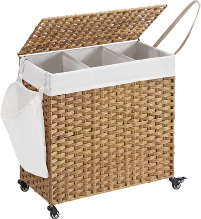 Wasmand 3 vakken - Wasmand - Wasmand met deksel - Riet - Duurzaam - 140L