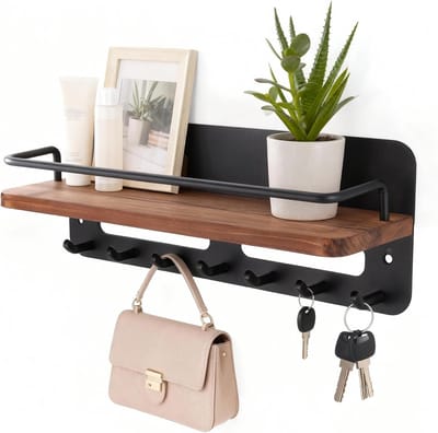 Houten Sleutelhanger met Plank, Decoratieve Sleutelhouder met 7 Haakjes voor Entree, Hal, Slaapkamer, Woonkamer en Kantoor