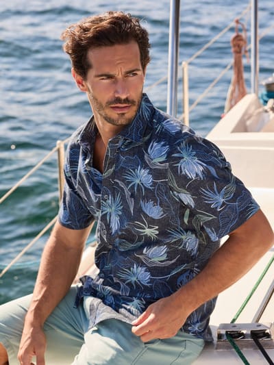 LERROS Casual overhemd met korte mouwen en bloemenprint, van licht materiaal , Maat: S , Kleur: CLASSIC NAVY , 60% polyester, 40% katoen