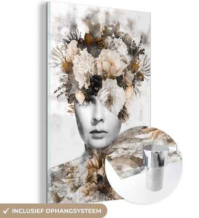 MuchoWow® Glasschilderij 40x60 cm - Schilderij acrylglas - Vrouwen - Bloemen - Scherven - Foto op glas - Schilderijen