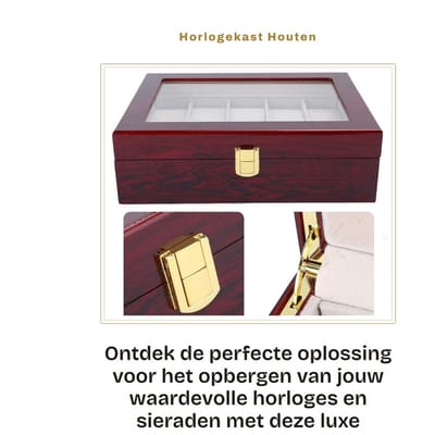 Dailygoods- Horlogekast Luxe - Houten Sieradendoos - 10 Roosters - Transparant Raam - Grote Capaciteit - 26,2 x 20 x 8 cm