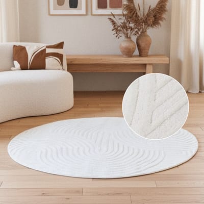 TAPISO Hygge Rond Vloerkleed Crème-Wit Laagpolig Modern Kleed met 3D Geometrisch Motief Tapijt Voor Woonkamer en Slaapkamer Slijtvast & Makkelijk te Reinigen OEKO-TEX - 80x80