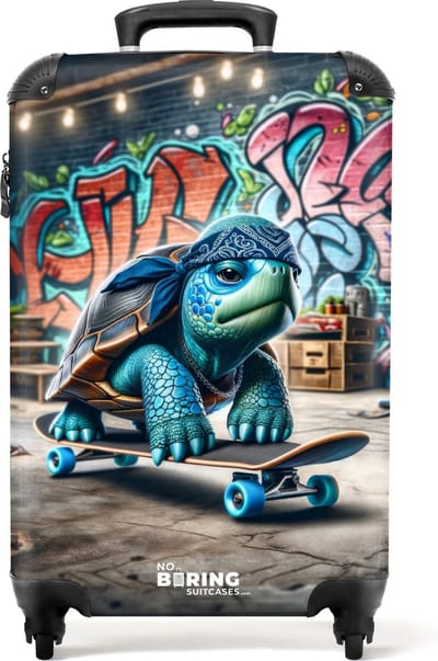 NoBoringSuitcases.com® - Kinderkoffer jongen - Kindertrolley jongens - Schildpad op een skateboard - Handbagage koffer lichtgewicht - Reiskoffer trolley kinderen - Rolkoffer met wieltjes - Past binnen 55x40x20 en 55x35x25