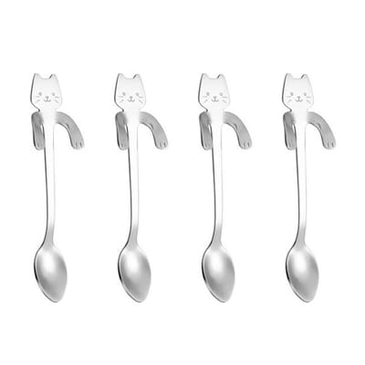 Decopatent - 4x Hangende Kat Koffielepels / Theelepels Zilver - RVS Koffie & Thee Katten Lepeltjes met Kattenkop - Zilver kleurig