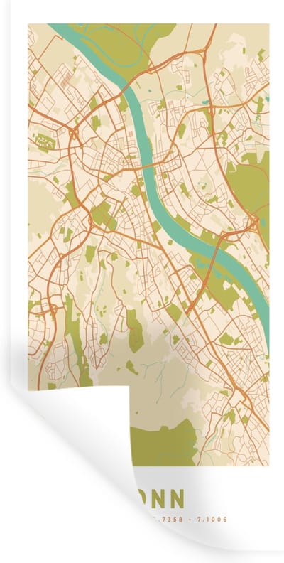 Muurstickers - Sticker Folie - Plattegrond - Bonn - Kaart - Vintage - Stadskaart - 40x80 cm - Plakfolie - Muurstickers Kinderkamer - Zelfklevend Behang - Zelfklevend behangpapier - Stickerfolie