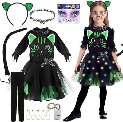 6-delige kattenkostuum voor meisjes - Halloween kostuum met kattenoren, gezichtstatoeage en staart voor carnaval en cosplay