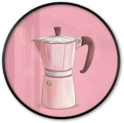 Poster in lijst Rond - Fotolijst 60x60 cm - Posters - Roze - Mokkapot - Illustratie - Koffie - Ronde posterlijst zwart - Decoratie - Wanddecoratie woonkamer - Muurdecoratie slaapkamer