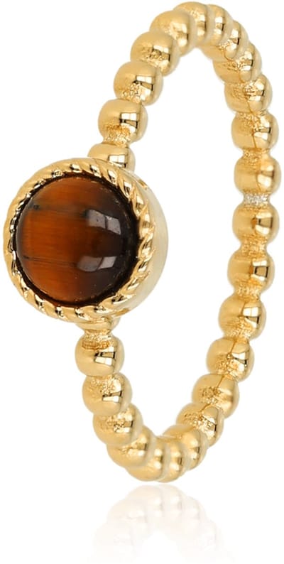 My Bendel - Bolletjes Ring met Ronde Edelsteen • Tiger Eye - met Luxe Cadeauverpakking | Sieraden Voor Dames | Maat 16.00 Mm / Maat 50