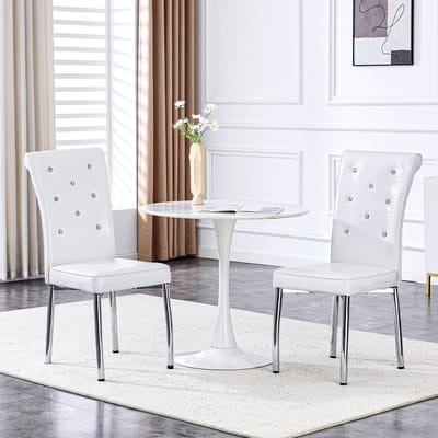 STILVORA Eetkamerstoel Set Van 2 - Retro Design Met Kristalknopen - Voor Eetkamer En Keuken - Metaal En PVC - Wit