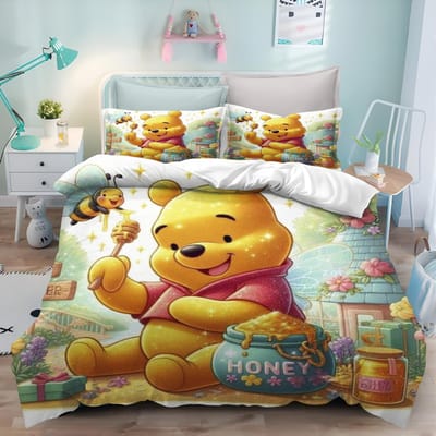 MINISO Leuke Winnie de Poeh Cartoon Anime Dekbedovertrek Set Cadeaus Dekbedhoezen Kussensloop Kinder Beddengoed Set Decor Queen King Size 180*220cm 3pcs