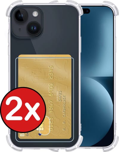 Hoesje - 2 Stuks - Geschikt voor Apple iPhone 15 - Met Pashouder en Kaarthouder - Telefoon Hoes Shockproof - Back Cover - Siliconen Case - Shock Proof - Pasjes Houder - Telefoonhoes - Transparant