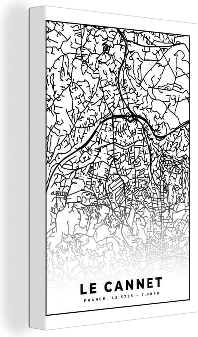 Canvas Schilderij Kaart - Plattegrond - Le Cannet - Frankrijk - Stadskaart - Zwart wit - 20x30 cm - Wanddecoratie