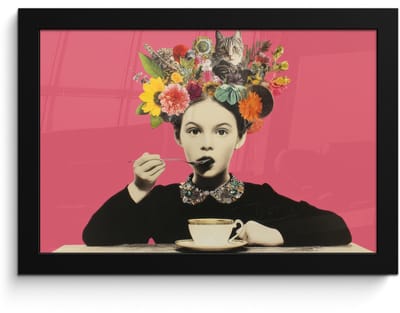 Poster in lijst - Fotolijst 30x20 cm - Posters - Meisje - Kopje - Bloemen - Roze - Posterlijst zwart - Decoratie - Wanddecoratie woonkamer - Muurdecoratie slaapkamer