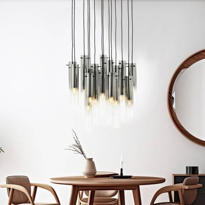 Brilliant lamp Glasini hanglamp 14 lampen mat zwart/gerookt glas metaal/zwart hout 14x C35, E14, 25 W