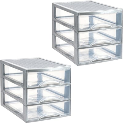 Plasticforte Ladekastje bureau organizer - 2x - 3 lades - zilver/transparant - L26 x B35 x H27 cm - kunststof