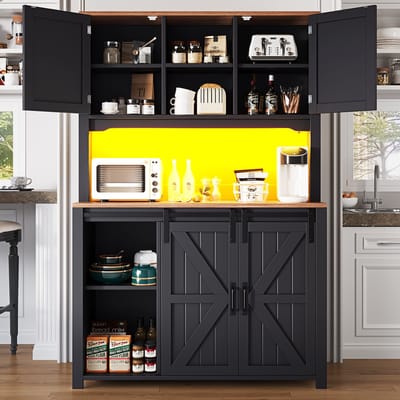 MODFU - Keukenkast Sideboard - Schuifdeuren En 2 Laden - App-gestuurde Ledverlichting - Mdf En Metaal - Zwart - 115 X 40 X 174,7 Cm