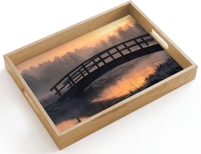 Dienblad hout 40x30 cm - Schootdienblad - Brug - Mist - Bomen - Water - Borrelplank rechthoek - Plateau dienbladen