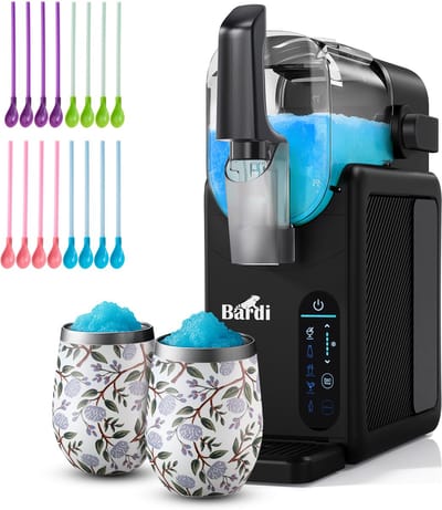 Bardi Slush Hero® Combi – Slushmachine - Slush Puppy Maker 2,6L + 2 Thermoscups White Flower + 12 Slush Lepelrietjes – Voor Slushies, Milkshakes, Frappé & Frozen Cocktails – Zelfreinigend – zwart