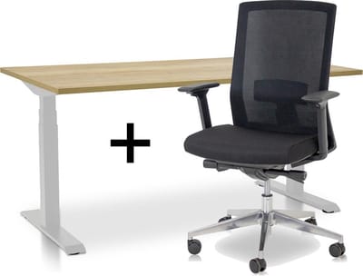 Zit-sta bureau elektrisch verstelbaar +  ERGO Bureaustoel | MRC PRO NEN-EN 527 Thuiswerkset | frame bureau wit - bureaublad robuust eiken | 120x80 cm